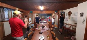Anteroom of the bowling alley with celebrating people